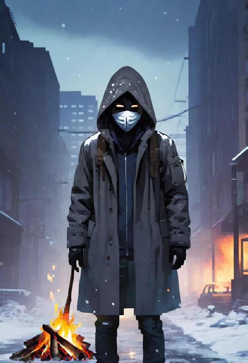 man, 21 years old, survivor, dressed in a long coat, Hood, mask, backpack, winter apocalypse, Loneliness, gloom, Dead city, bonfire, night