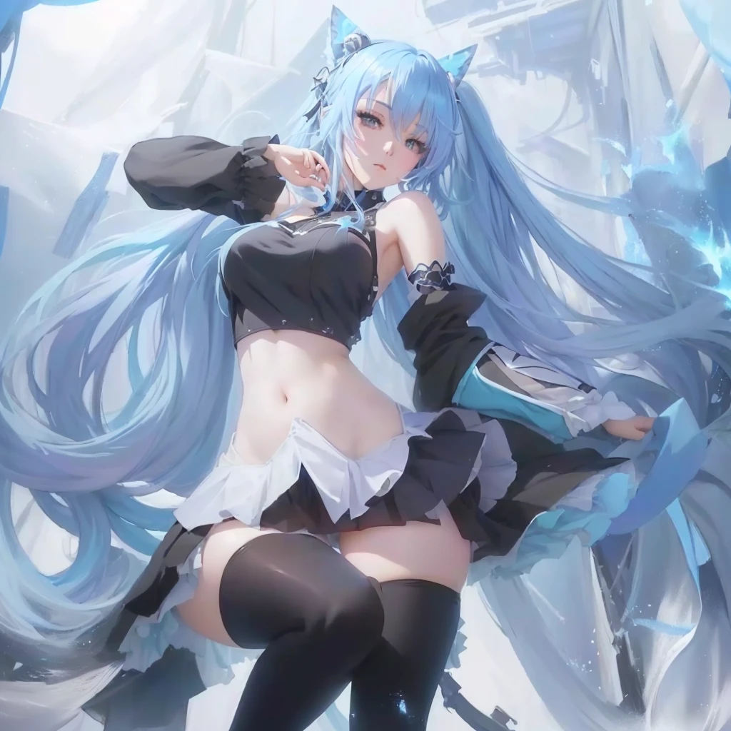 Anime girl with blue hair and black stockings posing in front of a blue background, digital art on Pixiv, Anime Art Wallpapers 8K, anime art wallpaper 4k, anime art wallpaper 4k, Pixiv contest winner, trending on artstation Pixiv, Zerochan Art, High-resolution anime art, Anime Style 4k, High quality anime art, Pixiv