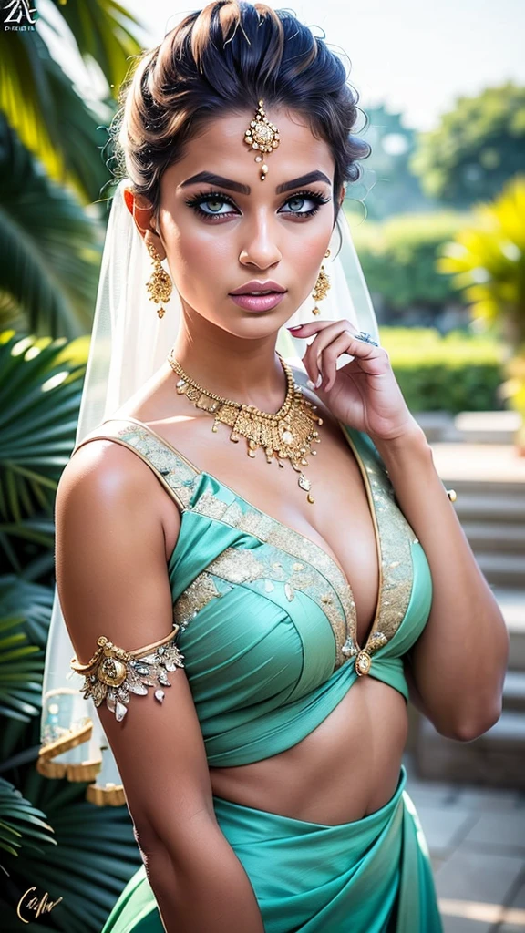 Indian bride with intricate mehendi henna tattoos on both hands, showing her armpits, BBW, in veil, wet curvy and busty desi mommy in a saree, displaying her ample cleavage in a sleeveless blouse, nose ring, many bangles, earrings, necklace, lipstick, and highlighting her navel and chubby curves in a full body picture.