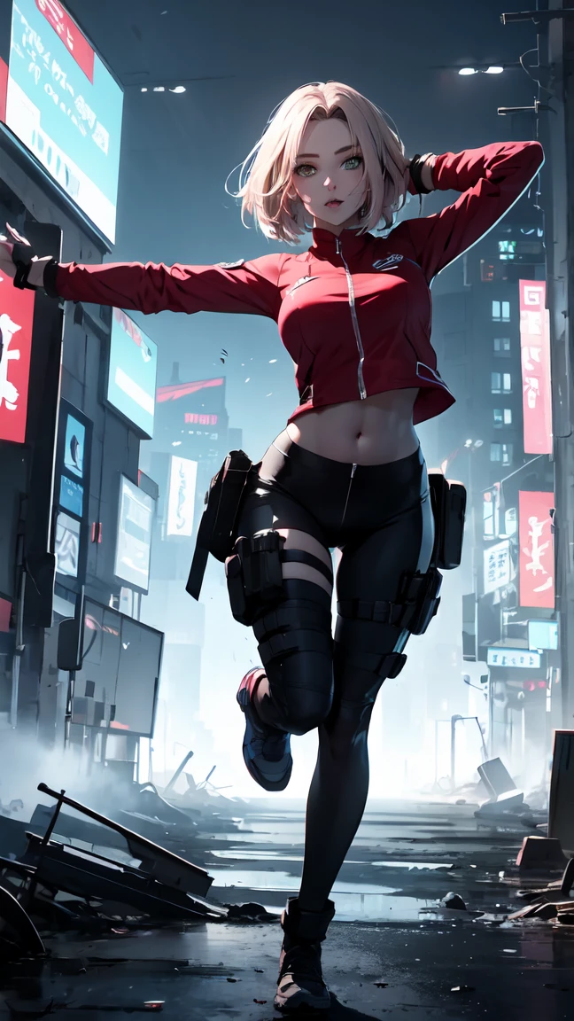 8K, Raw photo, highest quality, masterpiece, Full body, aerial view, cinematic lighting,| Miranda May Kerr stands tall in a white Cyberpunk uniform with pants full armor, and her dark brown hair cascading down her shoulders. Her ultra-detailed face with beautiful features shines in the dimly lit cyberpunk setting. The sleek uniform accentuates her medium height and slender athletic figure. She wears it confidently, showcasing breasts beneath. Dynamic shooting poses to showcase her agility as she moves through the futuristic landscape.