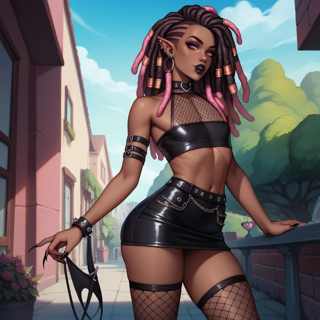 Best quality, highly detailed, ultra detailed, 1 brown skin boy, flat chest, male chest, slim curvy body, long pink dreadlocks, pink dreadlocks, pink eyes, vampire, pointy ears, sharp nails, black lipgloss, goth, black crop top, black mini skirt, fishnets, big butt, outside, patio, close up