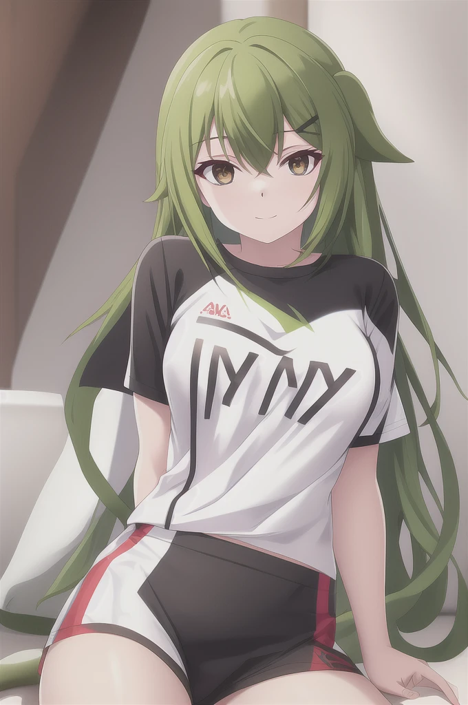 snake girl, black eyes, cysn t-shirt, white long jair, green skin