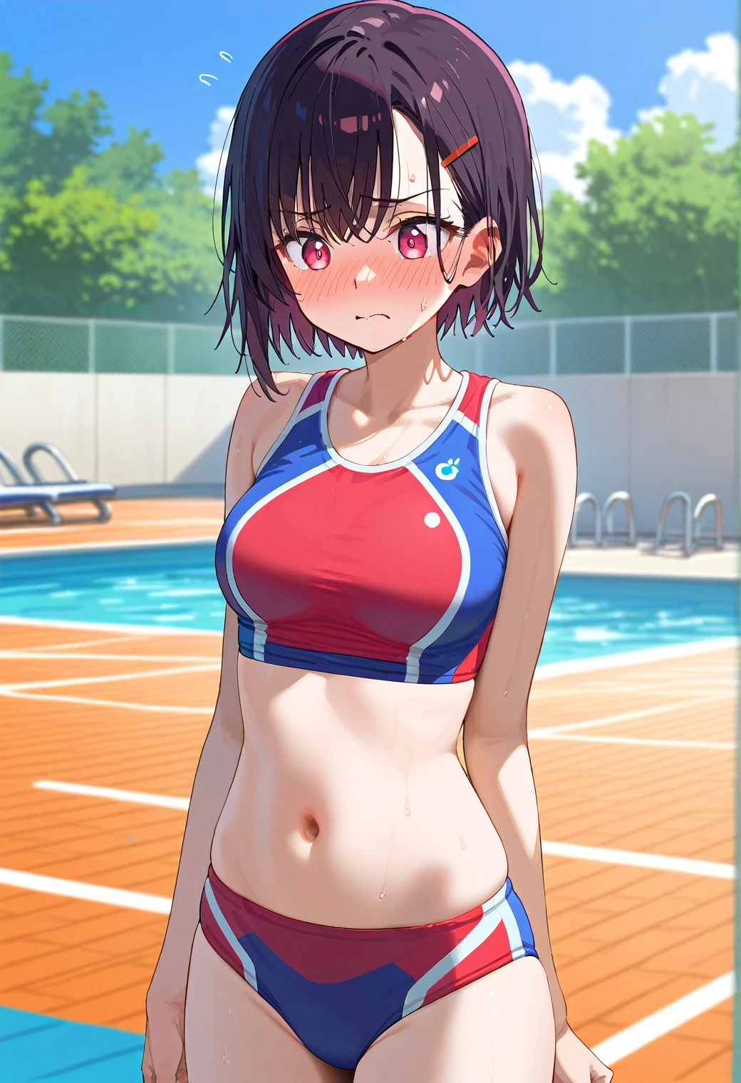 Mikazuki Shizuka, alone,One girl, Sportswear,belly button,Open up,Poolside,blush,feel ashamed,BREAKscore_9, score_8_Excellent, score_7_Excellent, anime