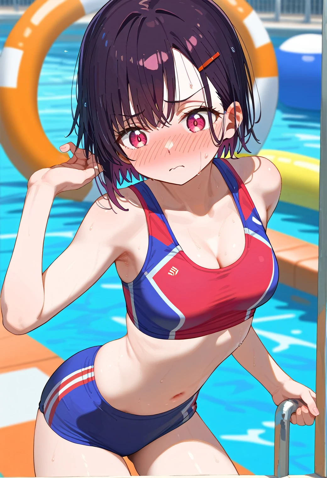 Mikazuki Shizuka, alone,One girl, Sportswear,belly button,Open up,Poolside,blush,feel ashamed,BREAKscore_9, score_8_Excellent, score_7_Excellent, anime