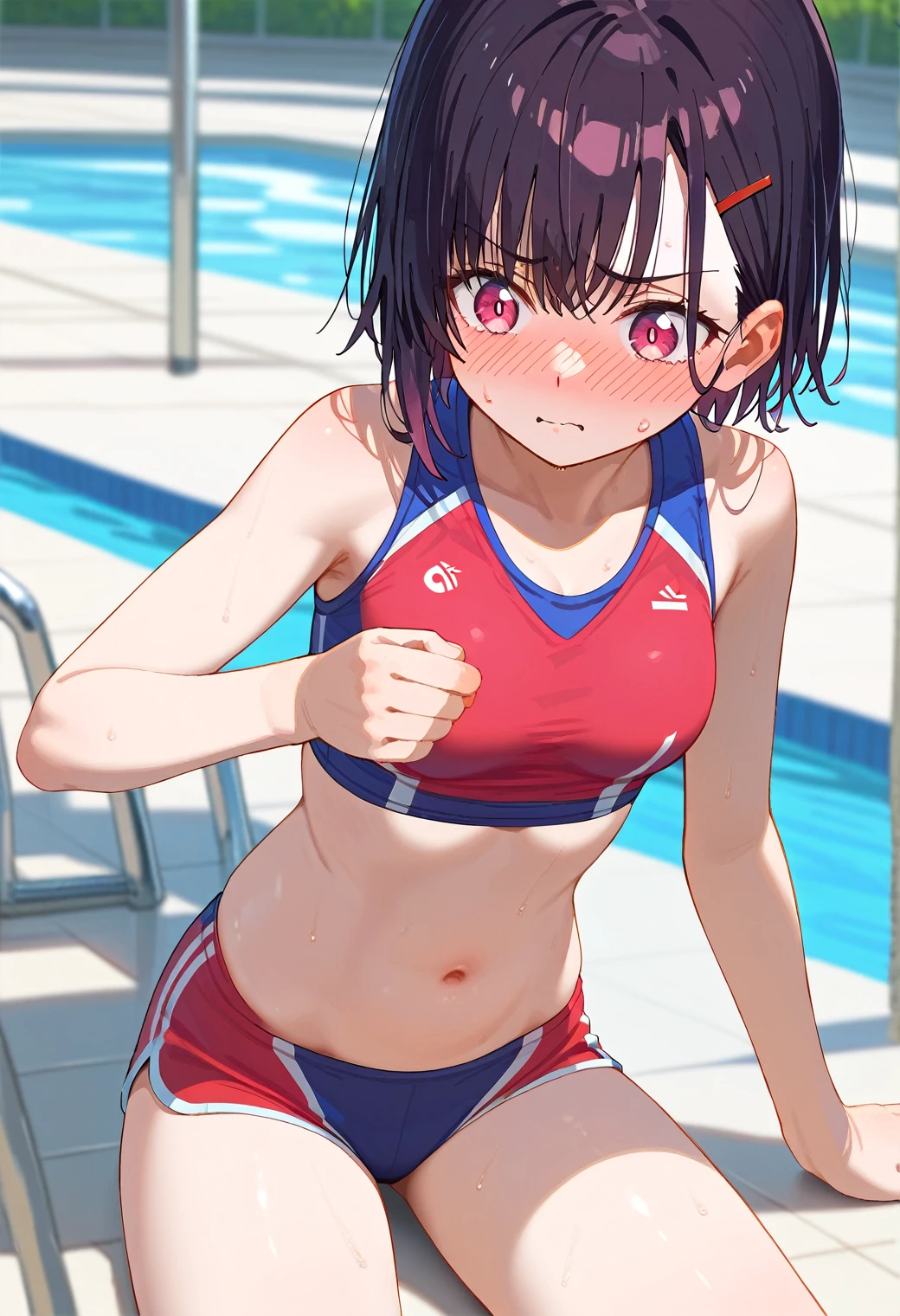 Mikazuki Shizuka, alone,One girl, Sportswear,belly button,Open up,Poolside,blush,feel ashamed,BREAKscore_9, score_8_Excellent, score_7_Excellent, anime