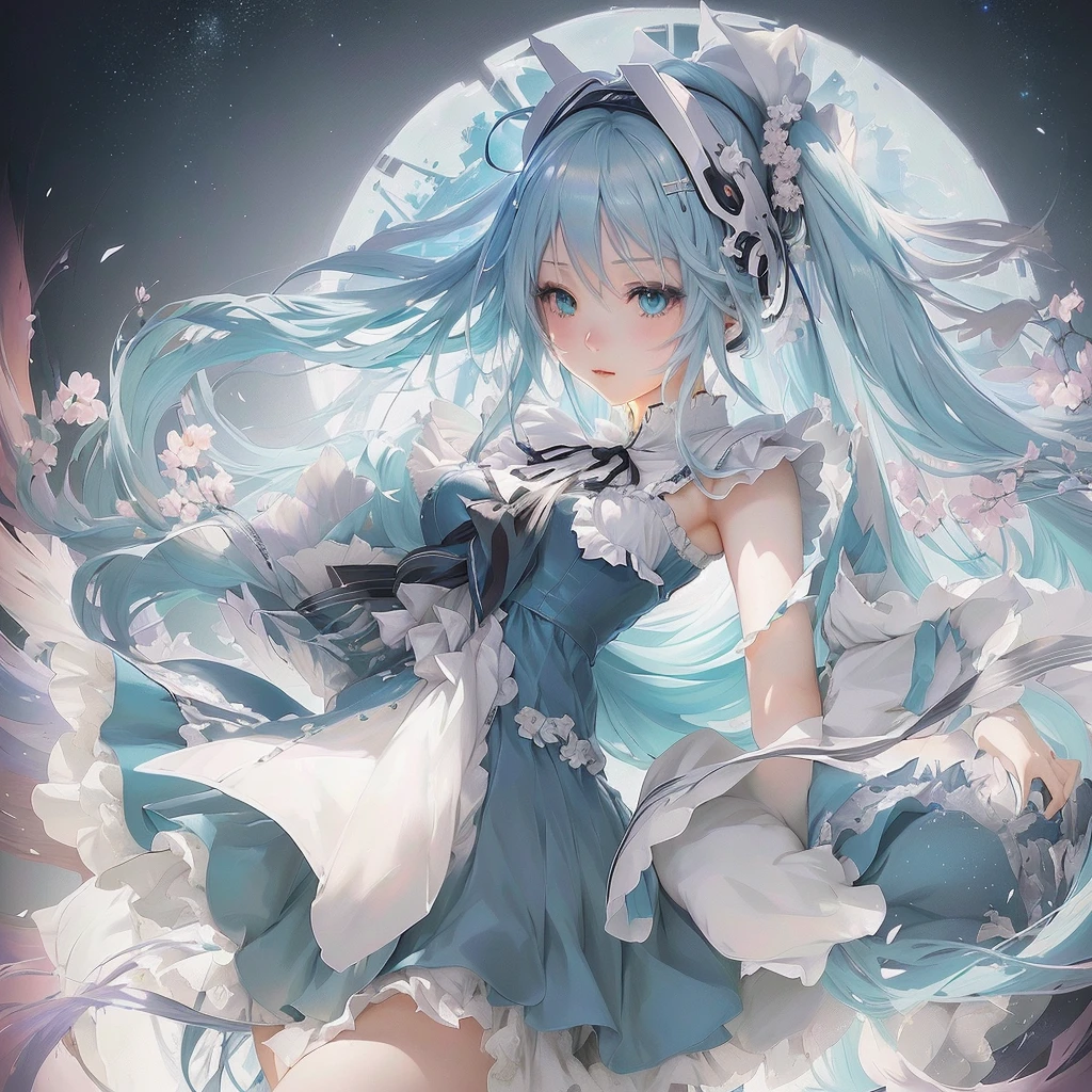 Anime girl with long blue hair and a white dress holding a knife, Pixiv contest winner, Nightcore, by Shimo, digital art on Pixiv, Pixiv, Hatsune Miku portrait, trending on artstation Pixiv, Zerochan Art, Anime Art Wallpapers 8K, Anime Style 4k, Mikudayo, Hatsune Miku portrait