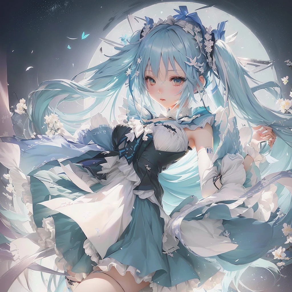 Anime girl with long blue hair and a white dress holding a knife, Pixiv contest winner, Nightcore, by Shimo, digital art on Pixiv, Pixiv, Hatsune Miku portrait, trending on artstation Pixiv, Zerochan Art, Anime Art Wallpapers 8K, Anime Style 4k, Mikudayo, Hatsune Miku portrait