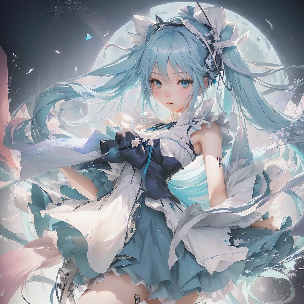 Anime girl with long blue hair and a white dress holding a knife, Pixiv contest winner, Nightcore, by Shimo, digital art on Pixiv, Pixiv, Hatsune Miku portrait, trending on artstation Pixiv, Zerochan Art, Anime Art Wallpapers 8K, Anime Style 4k, Mikudayo, Hatsune Miku portrait