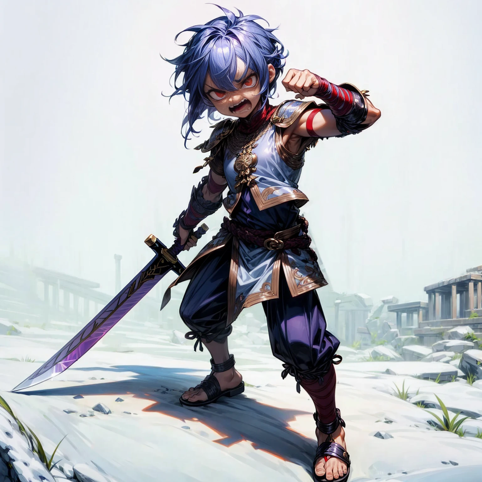 Full background, red eyes, angry, angry eyes, angry mouth, Curly hairstyle, purple colour hair, motion blur, lighting, gold gold, sword in hand, sandals