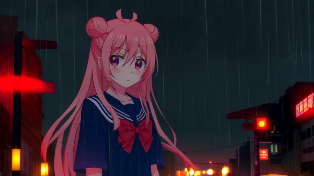 masterpiece, best quality, looking at viewer, facing viewer, bare legs, 1girl, solo, upper body, bow, serafuku, sad face, blushing, night time, raining, outdoors, city