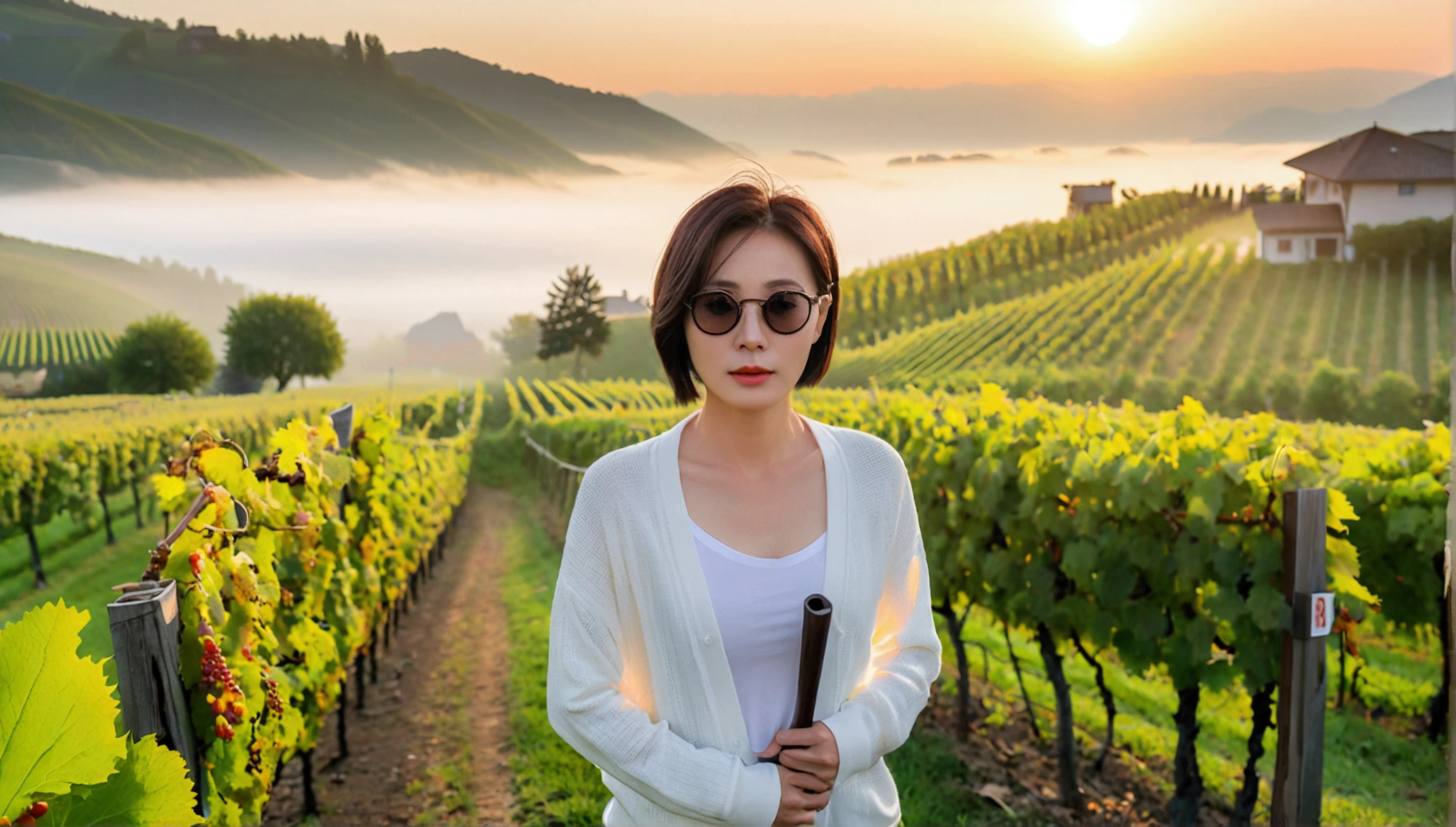 8k, 36 year old Korean woman, pretty like a model, Short hair, White shirt and short cardigan, early morning fog before sunrise, path, vineyard, swiss countryside village, Vivid picture quality, Realistic perfect picture quality, dawn fog, Wide angle lens shot from afar, black horn rimmed sunglasses