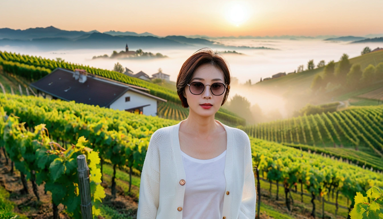 8k, 36 year old Korean woman, pretty like a model, Short hair, White shirt and short cardigan, early morning fog before sunrise, path, vineyard, swiss countryside village, Vivid picture quality, Realistic perfect picture quality, dawn fog, Wide angle lens shot from afar, black horn rimmed sunglasses