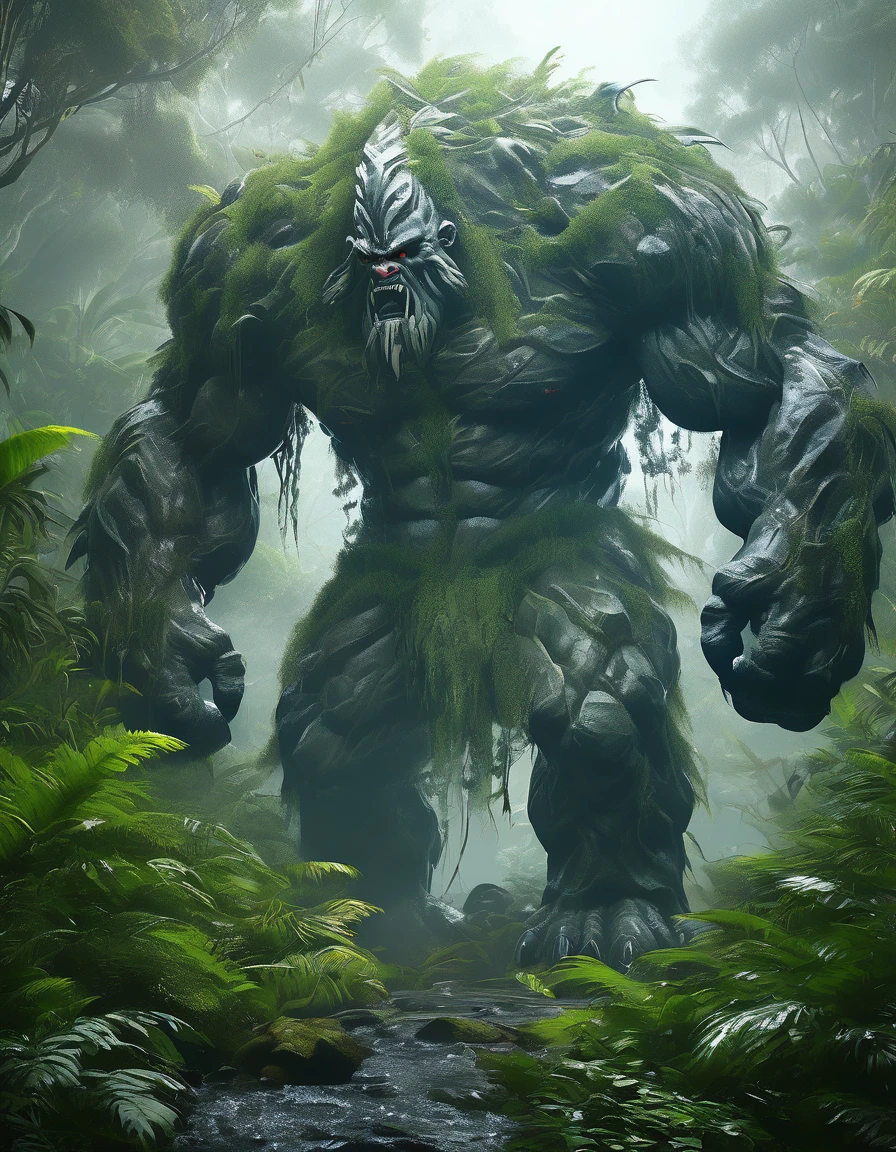 a colossal stone giant creature, a massive mythical being, a towering monstrosity, a hulking, brutish entity, a powerful cryptid, stalking through a dense jungle, fierce and violent, with a rugged, petrified skin, thick limbs, glowing details, abstract minimalist style, shrouded in mist, full body portrait, european fantasy aesthetic, perfect, dramatic, vibrant colorful tones, ink wash background, octane render, best quality, high resolution, dynamic angle