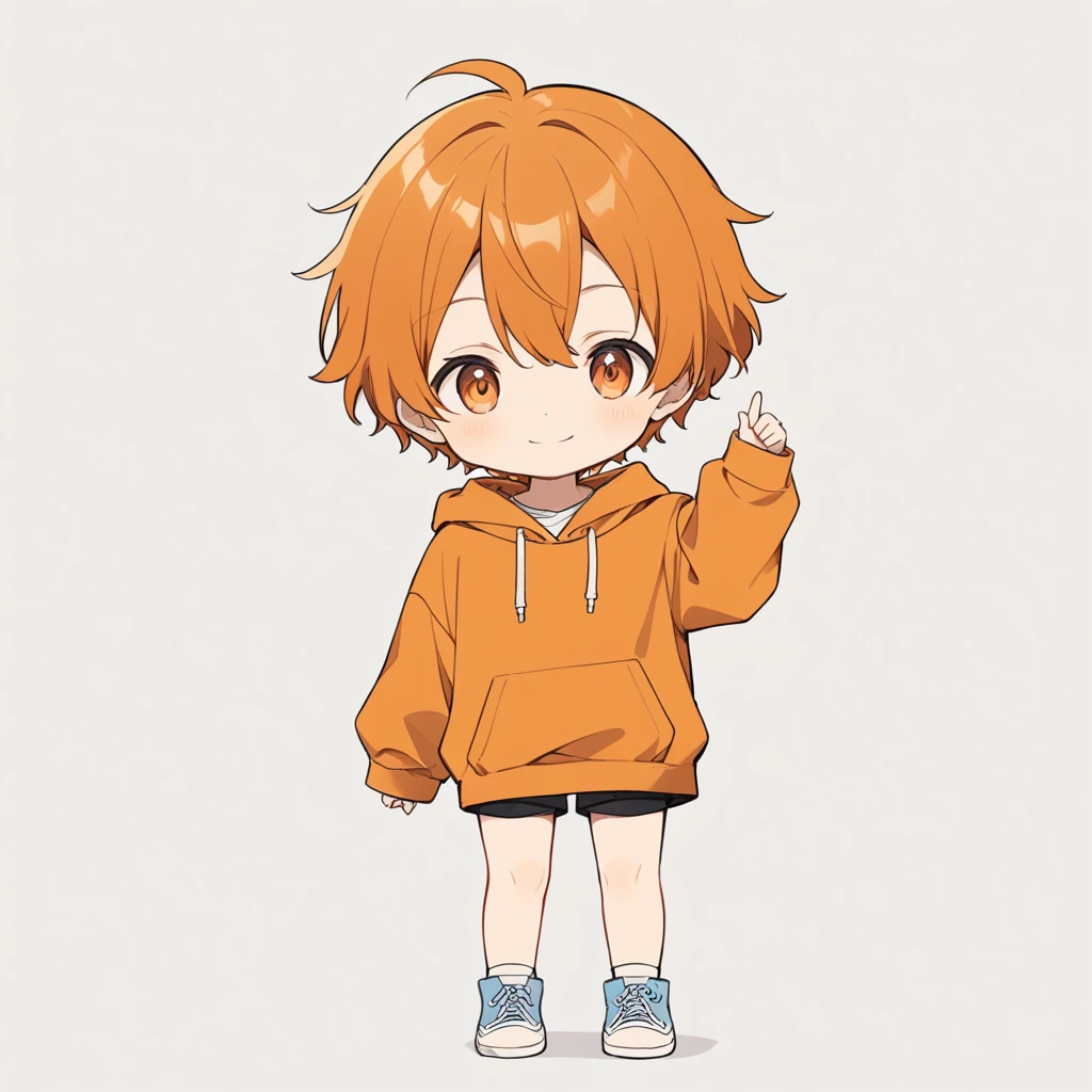 Orange Hair, Orange eyes,Short Hair,smile, a bit,maleの子一人,a bitキャラ,anime,whole body,mini,male,小さいmaleの子,a little ,hoodie,