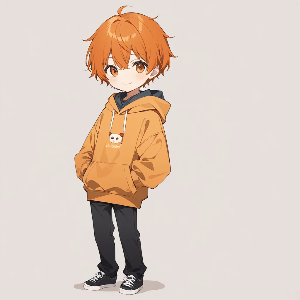 Orange Hair, Orange eyes,Short Hair,smile, a bit,maleの子一人,a bitキャラ,anime,whole body,mini,male,小さいmaleの子,a little ,hoodie,