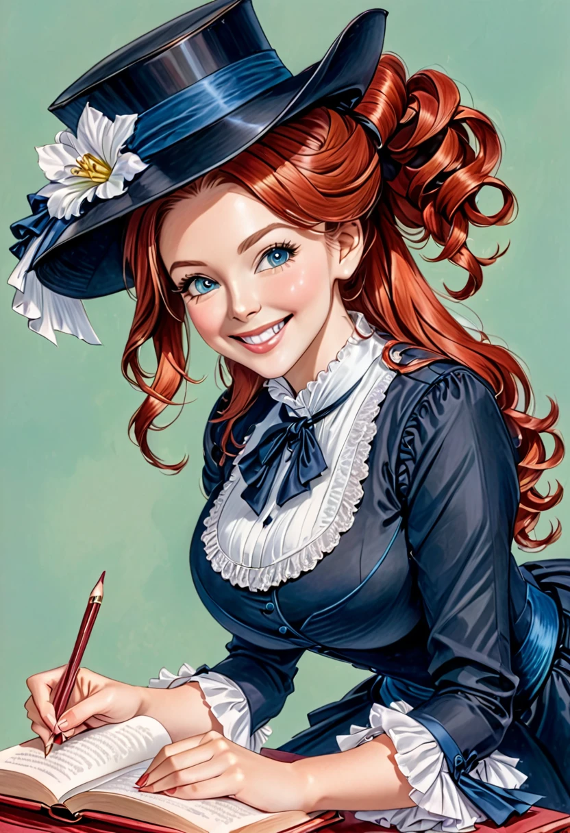 A colored pencil drawing of a pretty smiling happy victorian governess, curly auburn red hair. Kind and inteligent, joyful energy. hair in bun, hat. book of poetry in hand. 
