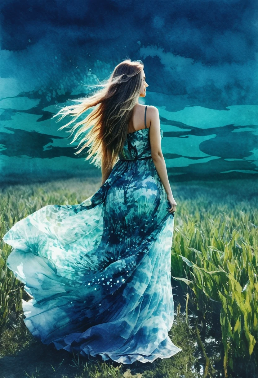 sea witch, with long hair, in a dress made of aquatic fabric,Grunge,double exposure,wallpaper,Field of View,watercolor
