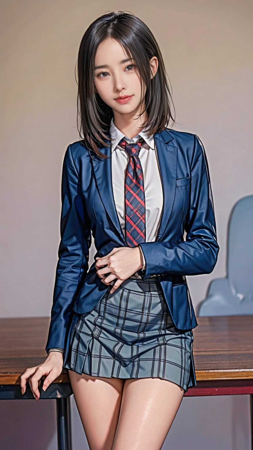 ((masterpiece)),(((best quality))),thin thighs,long legs,girl standing in school,red tie uniform,dark blue blazer,blue plaid skirt,18 years old,forehead,small smile,random pause,Pretty Woman,slim girl,