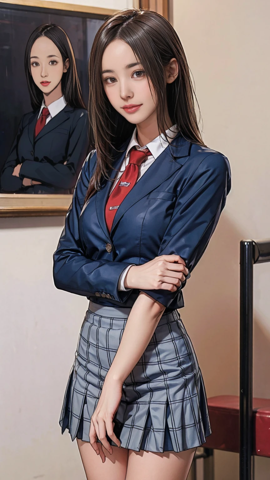 ((masterpiece)),(((best quality))),thin thighs,long legs,girl standing in school,red tie uniform,dark blue blazer,blue plaid skirt,18 years old,forehead,small smile,random pause，Pretty Woman，slim girl，