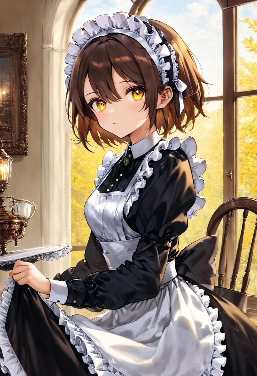 Girl, Short Brown Hair, wearing glass, Yellow-amber eyes, Victorian maid, 