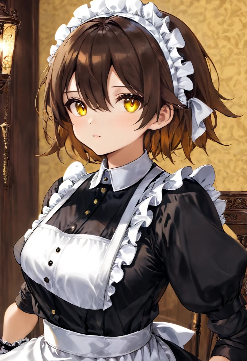 Girl, Short Brown Hair, wearing glass, Yellow-amber eyes, Victorian maid, 