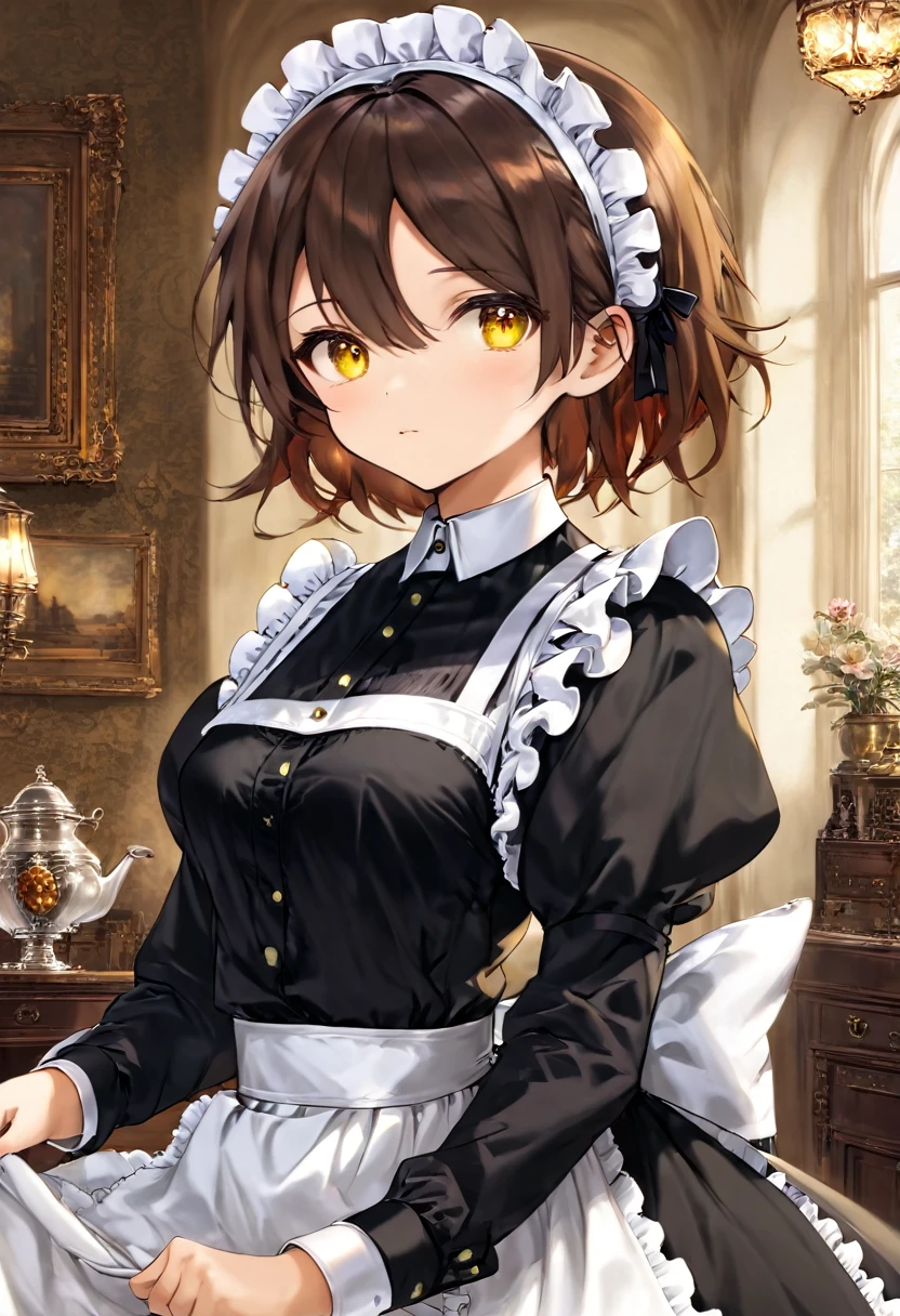 Girl, Short Brown Hair, wearing glass, Yellow-amber eyes, Victorian maid, 