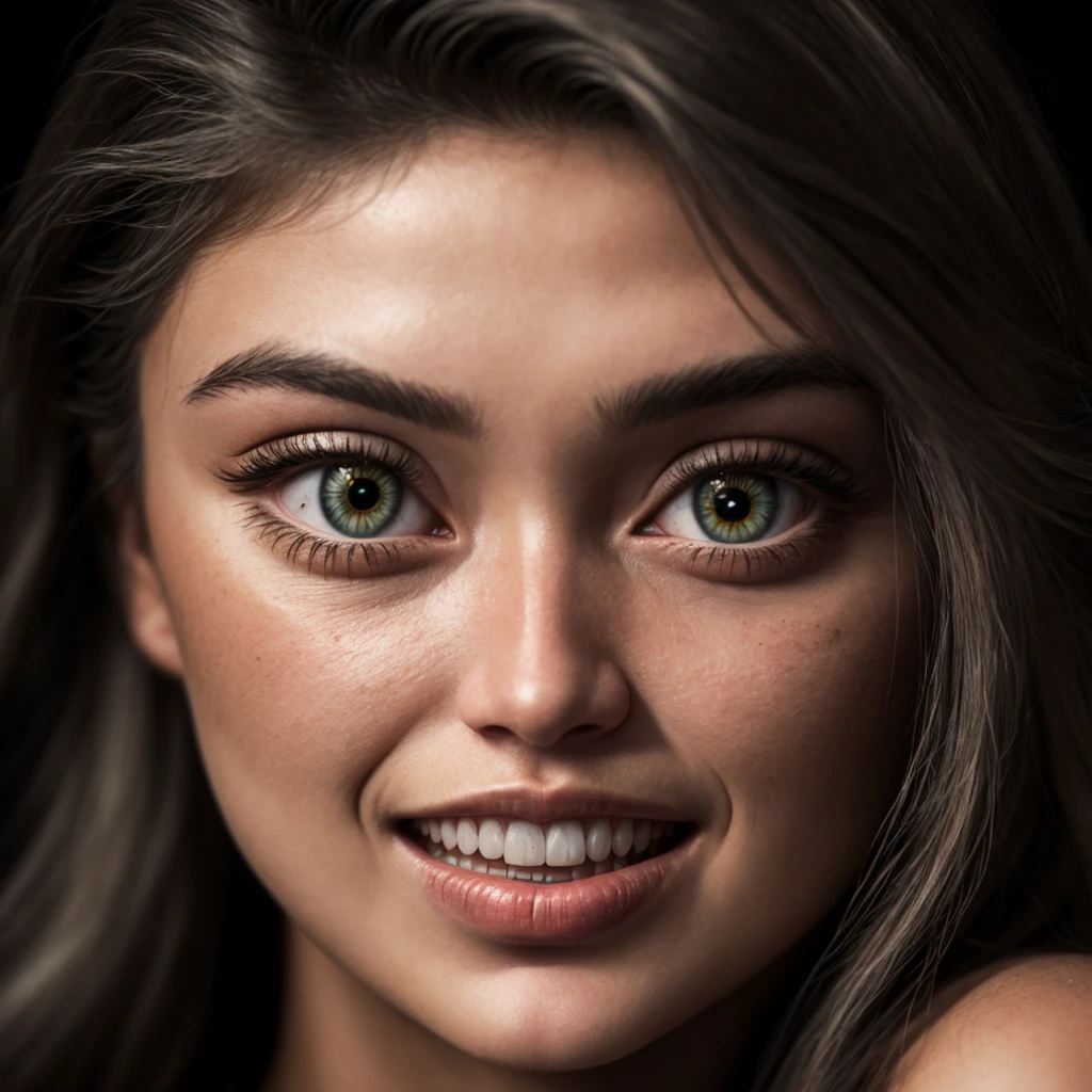 (close-up, editorial photograph of a 21 year old gigi hadid,POV, by lee jeffries, nikon d850, film stock photograph ,4 kodak portra 400 ,camera f1.6 lens ,rich colors ,hyper realistic ,lifelike texture, dramatic lighting , cinestill 800,), (highly detailed face:1.4), perfect eyes, realistic iris, perfect teeth, (smile:0.7), (background inside dark, moody, private study:1.3) , red eyes