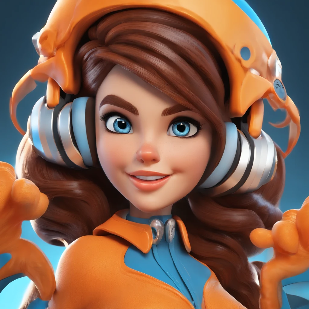 Create a 3D image of a non-human character that embodies the emotion of the desire to watch more videos or use the phone more. The character should have a semi-human body with vibrant colors that represent excitement and eagerness, such as shades of orange and electric blue. The eyes should be large, glowing, and focused, showing intense interest and anticipation. The hair can be styled in dynamic shapes, with color variations like bright yellow or neon blue. The character should wear clothing that symbolizes connectivity and entertainment, with details like play button icons or streaming symbols in vivid colors. Include a few accessories that signify digital engagement, such as headphones or a phone in hand. The facial expression should convey enthusiasm and eagerness, with wide eyes and a big smile. Add an exaggerated feature, like a pulsating light around the head or hands, illustrating the excitement and urge to interact with digital content.