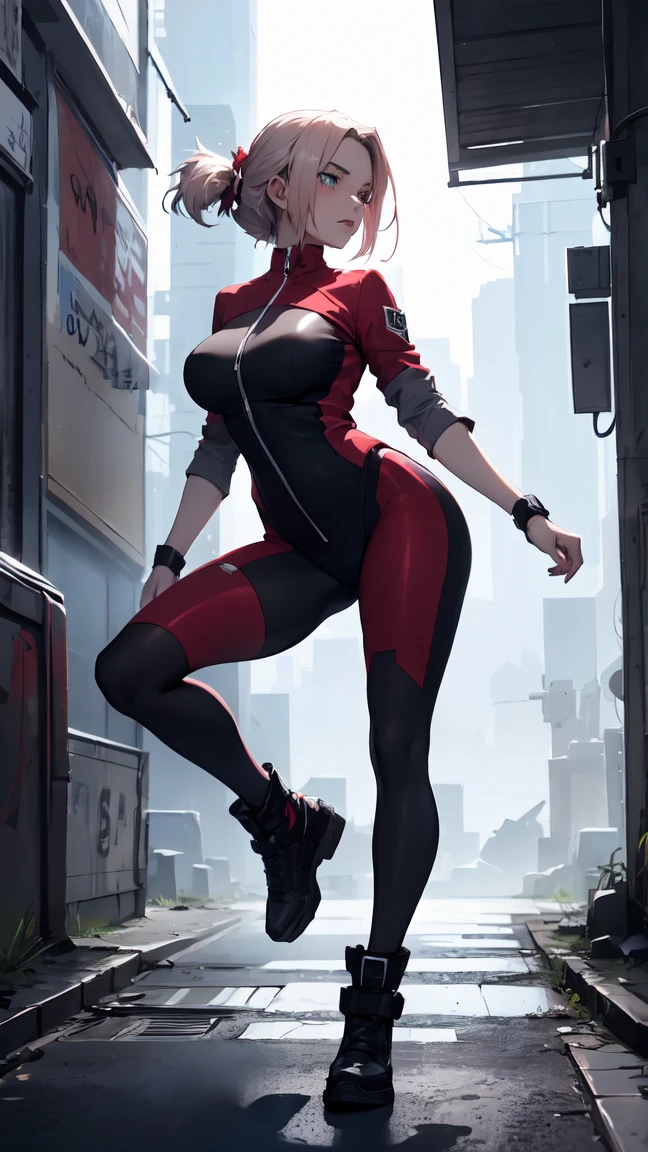 8K, Raw photo, highest quality, masterpiece, Full body, aerial view, cinematic lighting,| woman 18 YO stands tall in a white Cyberpunk uniform with pants full armor, and her dark brown hair cascading down her shoulders. Her ultra-detailed face with beautiful features shines in the dimly lit cyberpunk setting. The sleek uniform accentuates her medium height and slender athletic figure. She wears it confidently, showcasing breasts beneath. Dynamic shooting poses to showcase her agility as she moves through the futuristic landscape.
