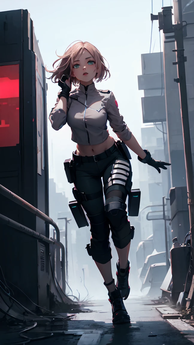 8K, Raw photo, highest quality, masterpiece, Full body, aerial view, cinematic lighting,| woman 18 YO stands tall in a white Cyberpunk uniform with pants full armor, and her dark brown hair cascading down her shoulders. Her ultra-detailed face with beautiful features shines in the dimly lit cyberpunk setting. The sleek uniform accentuates her medium height and slender athletic figure. She wears it confidently, showcasing breasts beneath. Dynamic shooting poses to showcase her agility as she moves through the futuristic landscape.