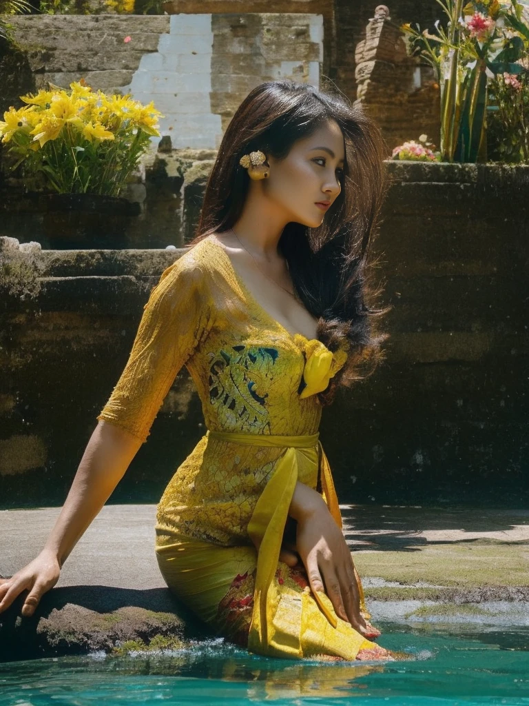 Woman swimming in the river, wearing a Javanese kebaya, flowers in the ears, flirting with the camera (plump woman)