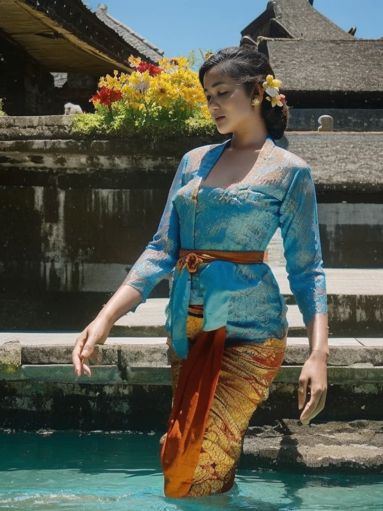 Woman swimming in the river, wearing a Javanese kebaya, flowers in the ears, flirting with the camera (plump woman)