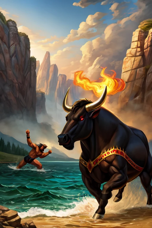 black bull with red eyes and a golden calf fighting on the shore of a lake