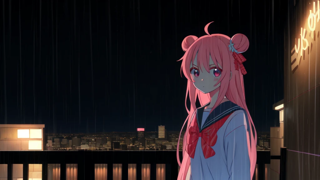 masterpiece, best quality, looking at viewer, facing viewer, bare legs, 1girl, solo, upper body, bow, serafuku, sad face, blushing, night time, raining, outdoors, city