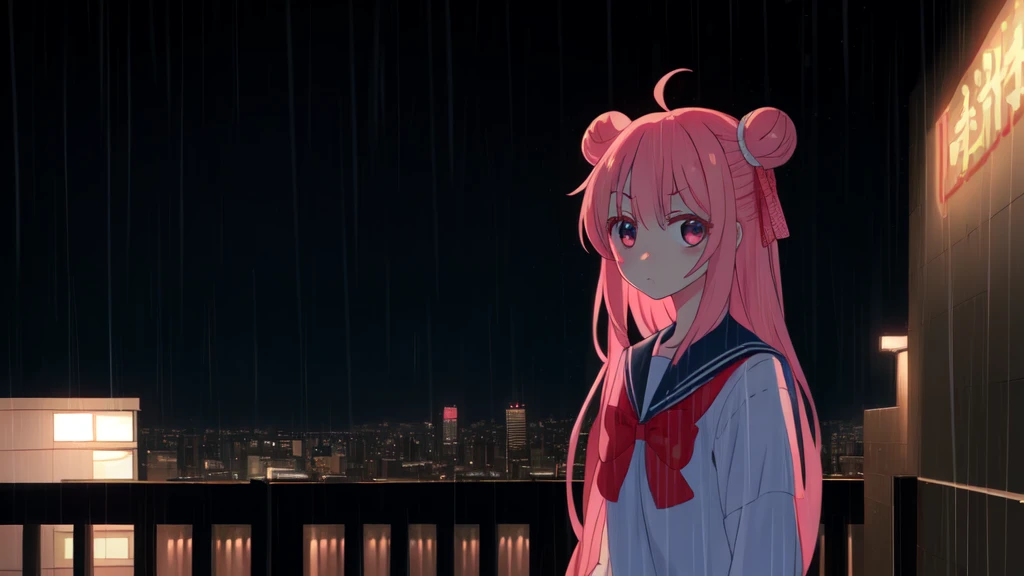 masterpiece, best quality, looking at viewer, facing viewer, bare legs, 1girl, solo, upper body, bow, serafuku, sad face, blushing, night time, raining, outdoors, city