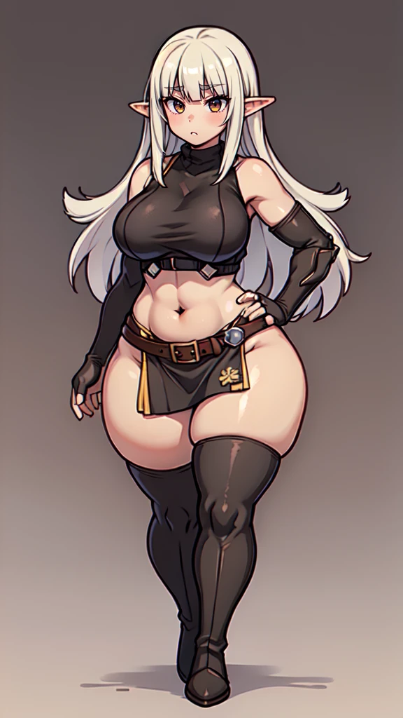 ((blank background)), (((full body))), masterpiece, best quality, thief girl, ((huge girl)), (random hair color), (wide hips:1.6), (thick thighs:1.3), ((dark skin)), ((short brown skirt)), ((long legs)), female muscular:0.8, (curvy:1.7), standing, sleeveless, fingerless gloves, leather armor, ((hime cut)), ((symmetry)), ((long boots)), belt under navel, elf ears