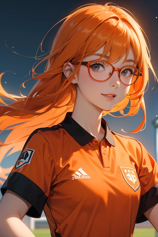 (orange haired girl wears glasses.=)( wears a bright red school soccer uniform) Smile