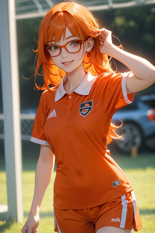 (orange haired girl wears glasses.=)( wears a bright red school soccer uniform) Smile