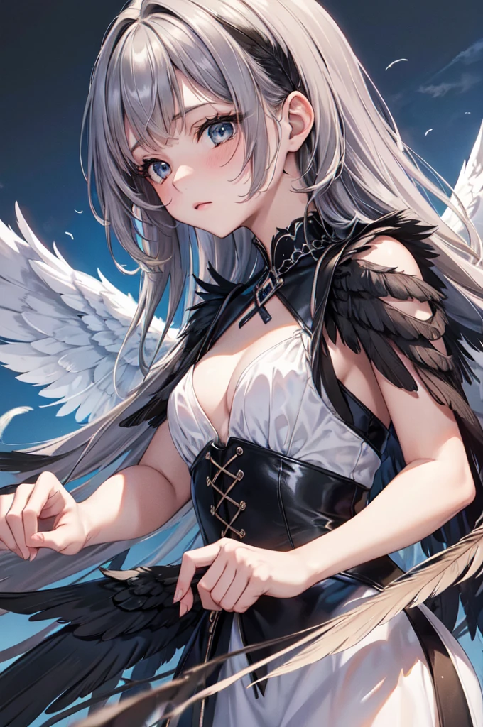 masterpiece, Angel Girl, young,,Elizabeth neckline,Brunette with wings, Black dress with feathers, Close-up portrait, Delicate face, Lots of black feathers, silver,Black Wings, Blue sky, cloud, castle, whole body,(Cover Style:1.3)