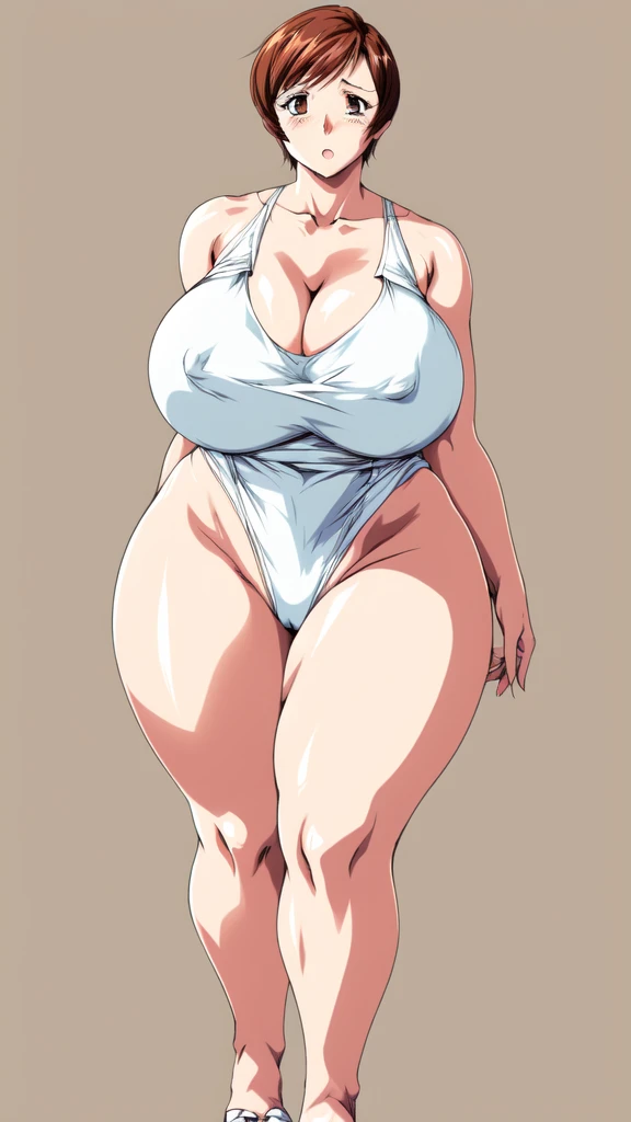 masterpiece, highest quality, High resolution, One girl, solo, sexual intercourse, Pornographic images, short hair, etsukoto, brown Eyes, fine grain, fine grain, long legs, (((Thick thighs, Plump thighs, Voluptuous thighs, Thighs alone are enough))), ((Huge and ample breasts, Cleavage, big long breasts)), Naughty big,((big breasts are important))、((Naughty thighs)), L Cup, (thin:1.4),(Tight waist:1.4),  (white swimsuit:1.4), anguish, blash, (((Simple Background))), ((Wide Hips)), Shiny, Oily skin, Mature mother, Calf, Seductive mature woman, milf, Perfect body, Plus Size Model, curvy, ample, etsukoto, blush, clavicle, retro artstyle, 1990s (style), (thick thighs:1.4), full body, feet,