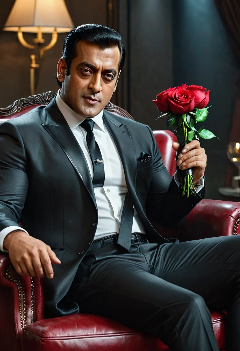((Salman Khan)) ((Rashmika Mandana)) 4D hyperrealistic image of a Salman Khan, sitting in a leather armchair, biting the stem of a red rose, wearing a black luxurious suit with a tie and shiny black shoes. He is holding an FN pistol in his hand, looking at the camera. Beside him stands a beautiful woman ((Rashmika Mandana)) with black hair tied in a bun, luxury long dressed, Revolver and holding a glass of wine. The scene is set in a dimly lit, slightly dusty environment with a neon text 'SIKANDAR' in the