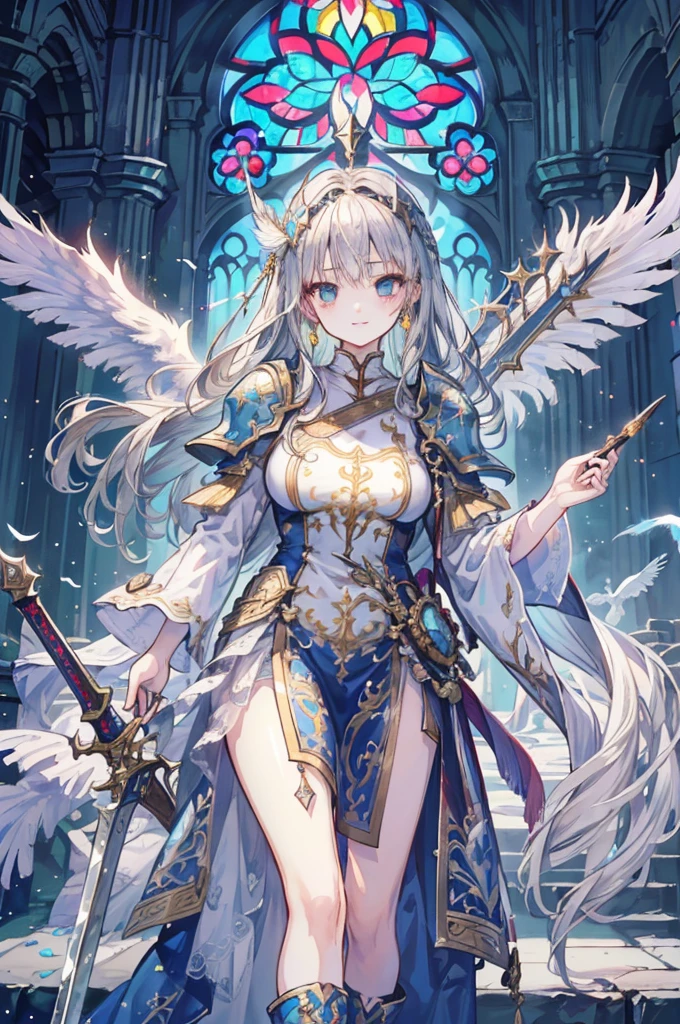 (Official Art、best quality、Unity 8K wallpaper、32K、masterpiece、Very detailed、Ultra-high resolution、Practical、realism、very ridiculous:1.2)、(Cinema Lighting:1.2)、Fire Glowing Effect、Film particles、Best shadow、Edge lighting、Side lights、(Very detailed且复杂的 3D 渲染)、细致Pretty Face庞和眼睛、Sharp pupils、Practical学生、Slim、1Men and women、Medium bust、(whole body:1.2)、 Pretty Face、Beautiful girl 16 years old、(Super delicate skin、Delicate skin texture:1.3)、(Silver Blonde、Blue-silver hair:1.3)、Paladin、Long hair、Bangs、Green Eyes、3 braids 1 bundle、(Blue armor、Blue boots、Blue helmet、Inlaid with precious gemstones、Gold thread embroidery)、Slim、Long skirt、(Thighs Thighs Thighs Thighs:0.8)、(Chis、In the house、Stained glass of art、Large pipe organ、Hello、mystery、A lot of feathers floating、Angelic、Light Particles、Serious、Sunshine is、rich and colorful、excellent:1.2)、(excellent:1.3)、(Holding a holy sword:1.4)、excellent、Smile