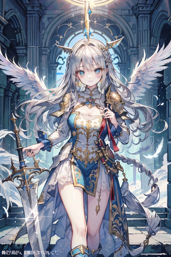(Official Art、best quality、Unity 8K wallpaper、32K、masterpiece、Very detailed、Ultra-high resolution、Practical、realism、very ridiculous:1.2)、(Cinema Lighting:1.2)、Fire Glowing Effect、Film particles、Best shadow、Edge lighting、Side lights、(Very detailed且复杂的 3D 渲染)、细致Pretty Face庞和眼睛、Sharp pupils、Practical学生、Slim、１Men and women、Medium bust、(whole body:1.2)、 Pretty Face、Beautiful girl 16 years old、(Super delicate skin、Delicate skin texture:1.3)、(Silver Blonde、Blue-silver hair:1.3)、Paladin、Long hair、Bangs、Green Eyes、3 braids 1 bundle、(Blue armor、Blue boots、Blue helmet、Inlaid with precious gemstones、Gold thread embroidery)、Slim、Long skirt、(Thighs Thighs Thighs Thighs:0.8)、(Chis、In the house、Stained glass of art、Large pipe organ、Hello、mystery、A lot of feathers floating、Angelic、Light Particles、Serious、Sunshine is、rich and colorful、excellent:1.2)、(excellent:1.3)、(Holding a holy sword:1.4)、excellent、Smile