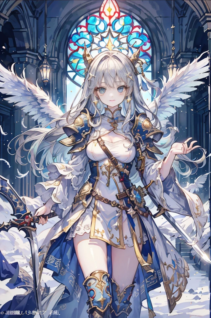 (Official Art、best quality、Unity 8K wallpaper、32K、masterpiece、Very detailed、Ultra-high resolution、Practical、realism、very ridiculous:1.2)、(Cinema Lighting:1.2)、Fire Glowing Effect、Film particles、Best shadow、Edge lighting、Side lights、(Very detailed且复杂的 3D 渲染)、细致Pretty Face庞和眼睛、Sharp pupils、Practical学生、Slim、1Men and women、Medium bust、(whole body:1.2)、 Pretty Face、Beautiful girl 16 years old、(Super delicate skin、Delicate skin texture:1.3)、(Silver Blonde、Blue-silver hair:1.3)、Paladin、Long hair、Bangs、Green Eyes、3 braids 1 bundle、(Blue armor、Blue boots、Blue helmet、Inlaid with precious gemstones、Gold thread embroidery)、Slim、Long skirt、(Thighs Thighs Thighs Thighs:0.8)、(Chis、In the house、Stained glass of art、Large pipe organ、Hello、mystery、A lot of feathers floating、Angelic、Light Particles、Serious、Sunshine is、rich and colorful、excellent:1.2)、(excellent:1.3)、(Holding a holy sword:1.4)、excellent、Smile