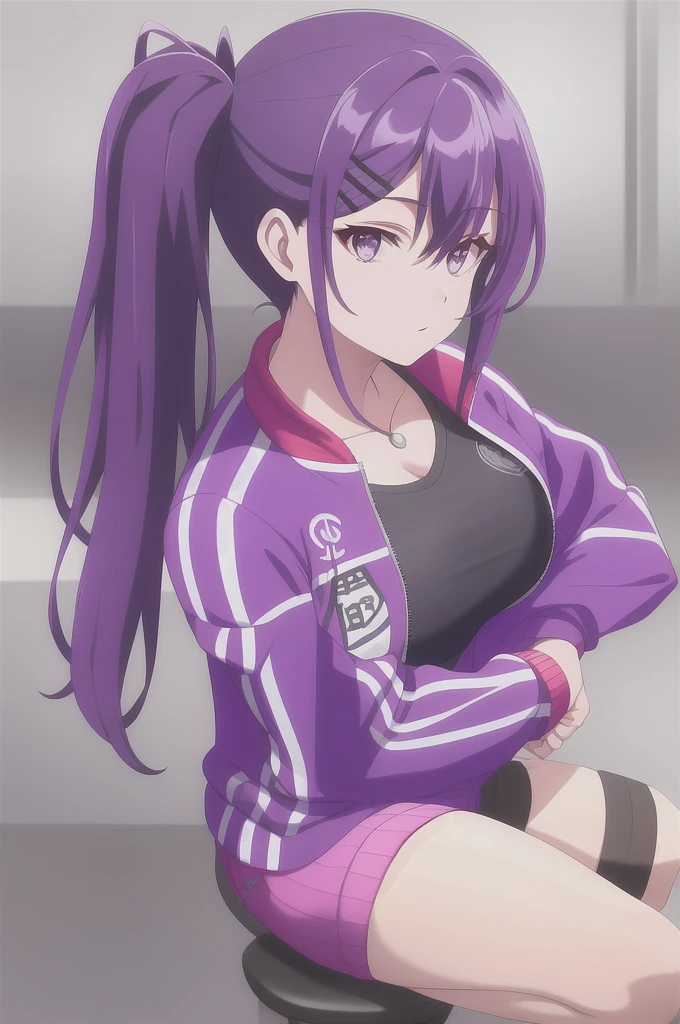 girl purple eyes, dark purple hair with pigtails on the sides, short purple jacket with an open waist, black sport bra