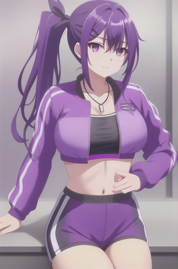 girl purple eyes, dark purple hair with pigtails on the sides, short purple jacket with an open waist, black sport bra