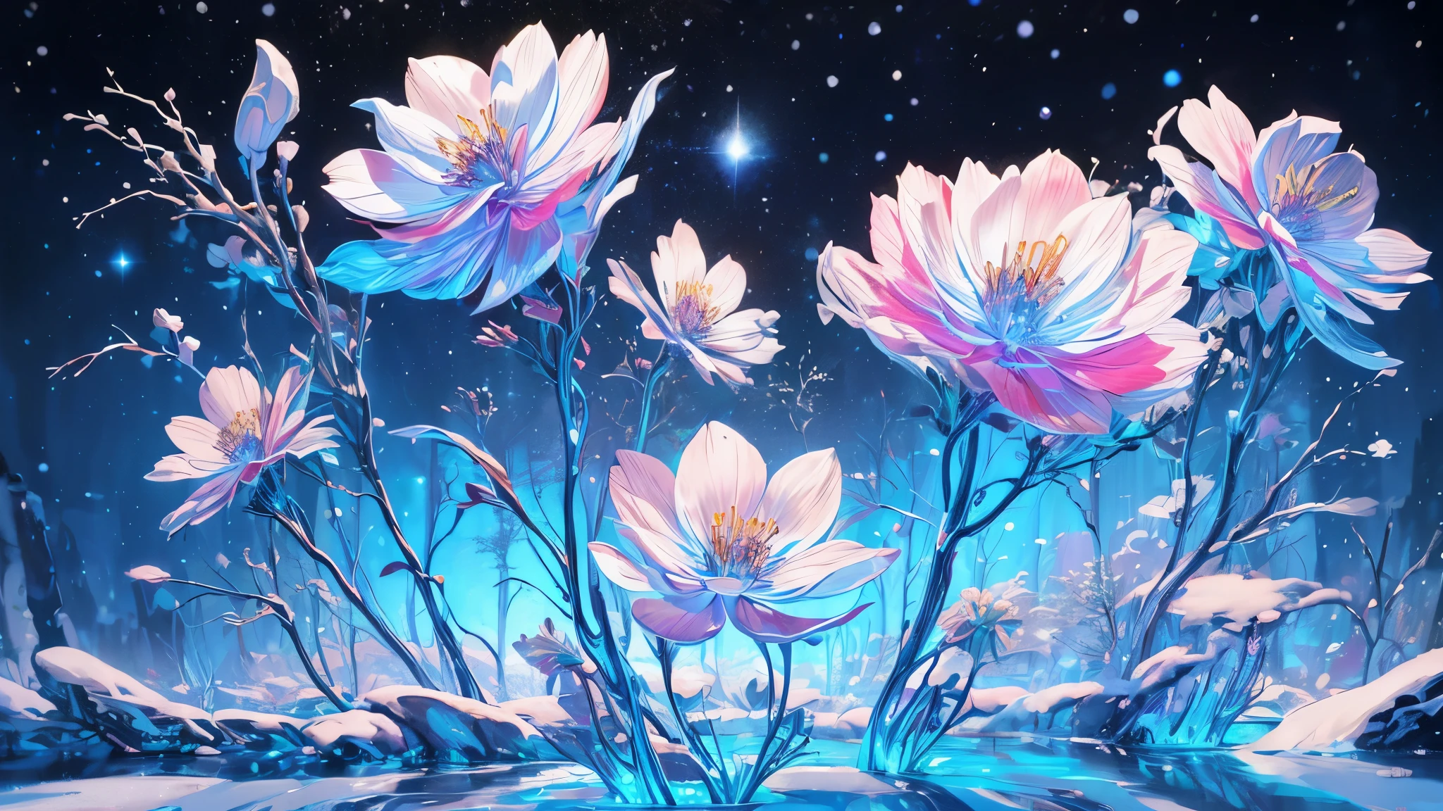 melody mark,premium、mesa、1woman、Alone、(Abstract art:1.4),(Psychedelia theme:1.6),(Gunjo World:1.5),(snow world:1.5),(winter world:1.5),(In the center of the world is the most beautiful woman in the world.),(many stars are falling:1.3),A ray of light spreads,Crystals extending from the center.,prisma(nostalgic landscapes:1.5),(colorful flower:1.5),garden girl,absurd, ultra detailed,Bright color, Extremely beautiful and detailed anime face and eyes.,short hair,asymmetrical bangs, Blonde hair with short twin tails., shiny hair, beautiful and delicate face, red blush、blue eyes, White skin, hair clips, earrings, a necklace,beautiful cloud, dusk sky,