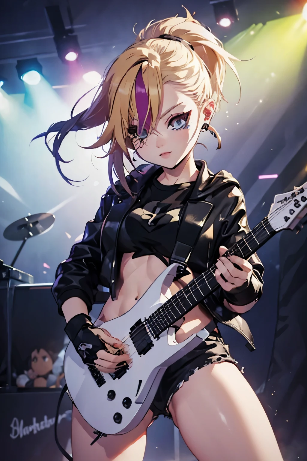 realistic:1.2, Rocker girl wearing a leather jacket,slim body shape、Normal bust size, full body shot, 1two electric guitars, clothes with spikes,white tank top、Navel exposed、low rise leather shorts,tattoo,earrings dark lipstick, blue eyes,blonde twintail hair,black ribbon, beautiful and perfect legs, confident look, punk style ,dynamic pose, dynamic lighting, brightly colored stage,colorful stage lights, ant alexa 65, 50MM lens