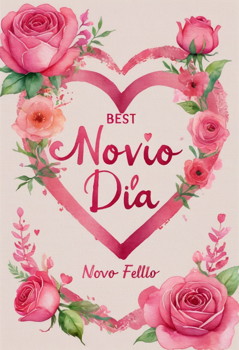 bag made of linen, is heart shaped, Floral frame, Delicate watercolor flowers in vibrant shades of pink and pink, Engaging illustrations, logo text sign that says the word "novo dia feliz", Creative font design, typeface , spirit of rose, rose theme, (best quality, masterpiece, representative work, official artwork, professional, ultra-high details, 8k:1.3)