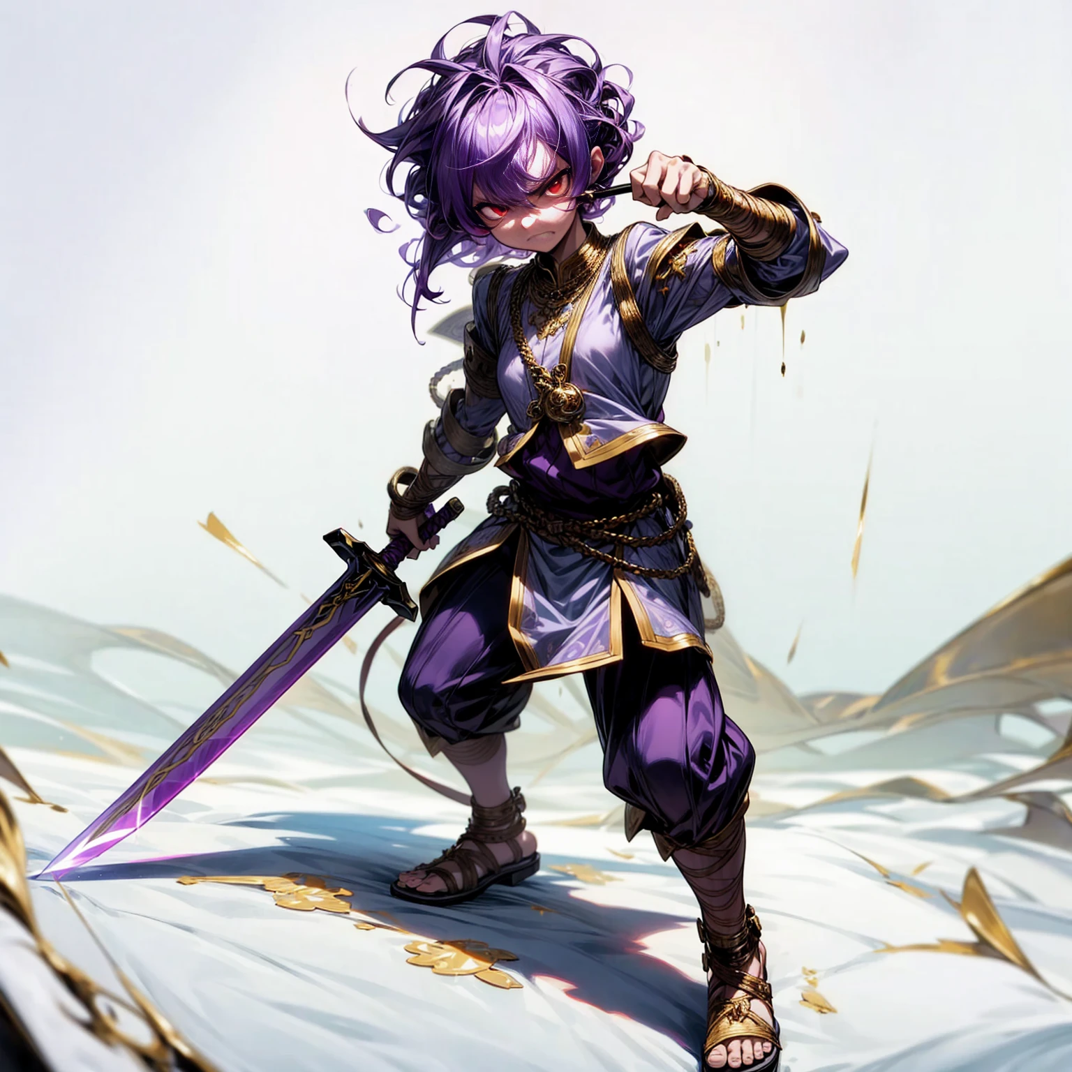 Full background, red eyes, angry, angry eyes, angry mouth, Curly hairstyle, purple colour hair, motion blur, lighting, gold  gold, sword in hand, sandals, (revision)